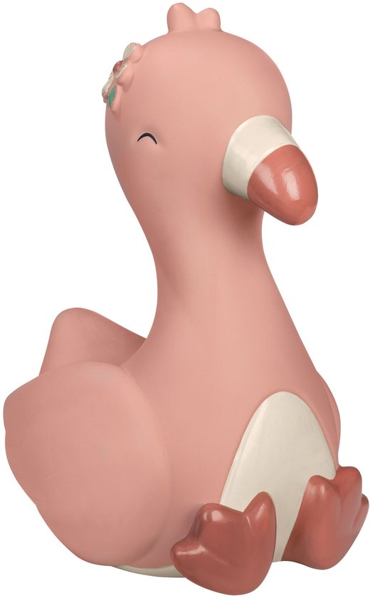 Veilleuse flamant rose avec ventre blanc, fleur sur la tête et bec et pattes plus foncés, vue de face.