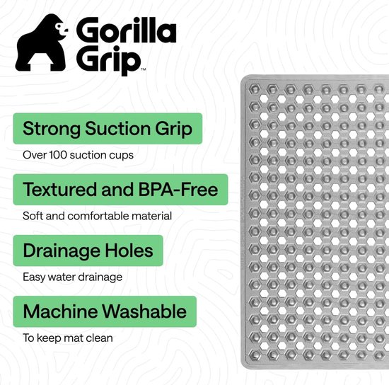 Gorilla Grip Gepatenteerde douche- en badmat, 21 x 21, kleine vierkante vloermatten voor douchecabines met zuignappen en afvoergaten, machinewasbaar en zacht op de voeten, badkameraccessoires, grijs — afbeelding 3