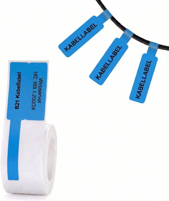 Blauwe kabel labels met "KABELLABEL" tekst, één label met "B21 Kabellabel" en IP-adres.