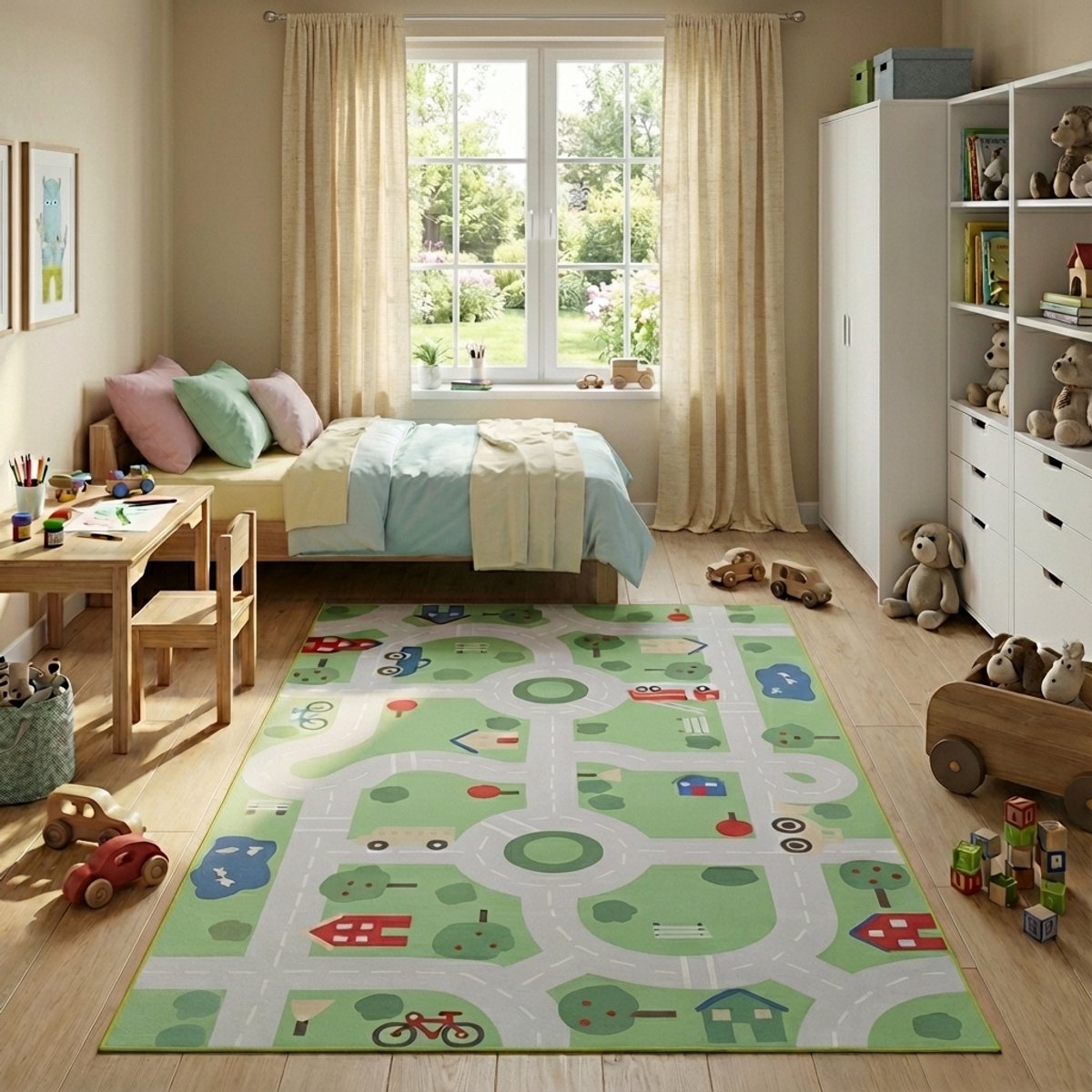 Tapiso Snooki Vloerkleed voor Kinderkamer Speelkleed Groen Kindertapijt met Auto & Stad Mo