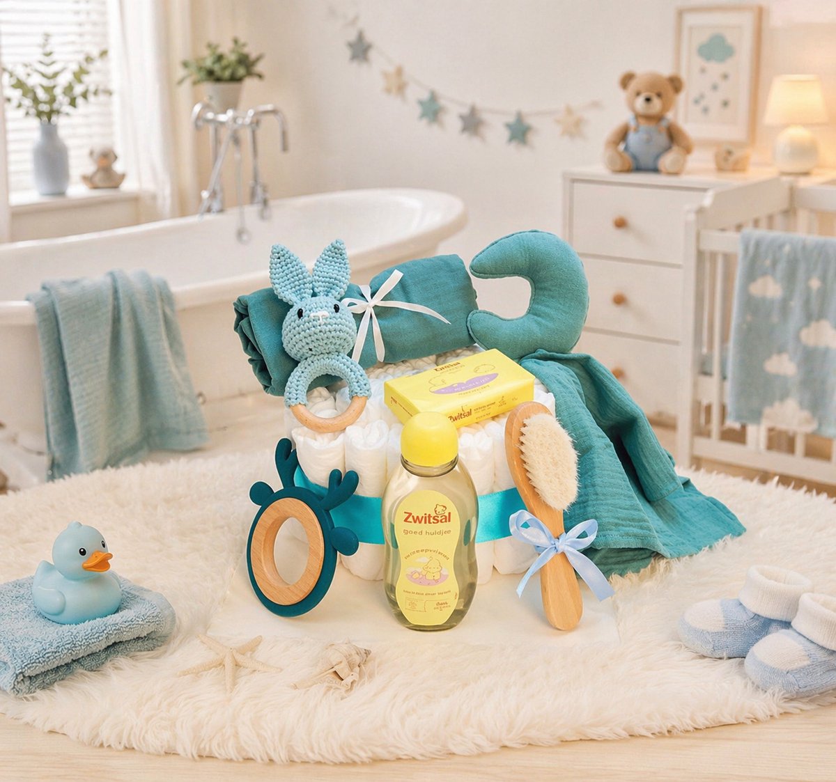 Kraamcadeau jongen 32 stuks - Hawsaz.nl Cadeau - Genderneutraal kraamcadeau - Originele Babycadeau's - 25 luiers - Luiertaart blauw - Babycadeau - Babygeschenkset - Babyshower - Gepersonaliseerde cadeaus - Babyverzorging