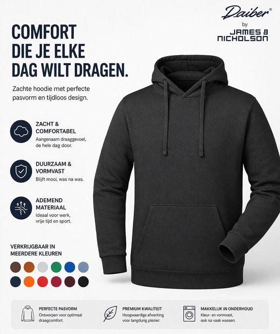 Zwarte hoodie met capuchon en buidelzak. Verkrijgbaar in meerdere kleuren.