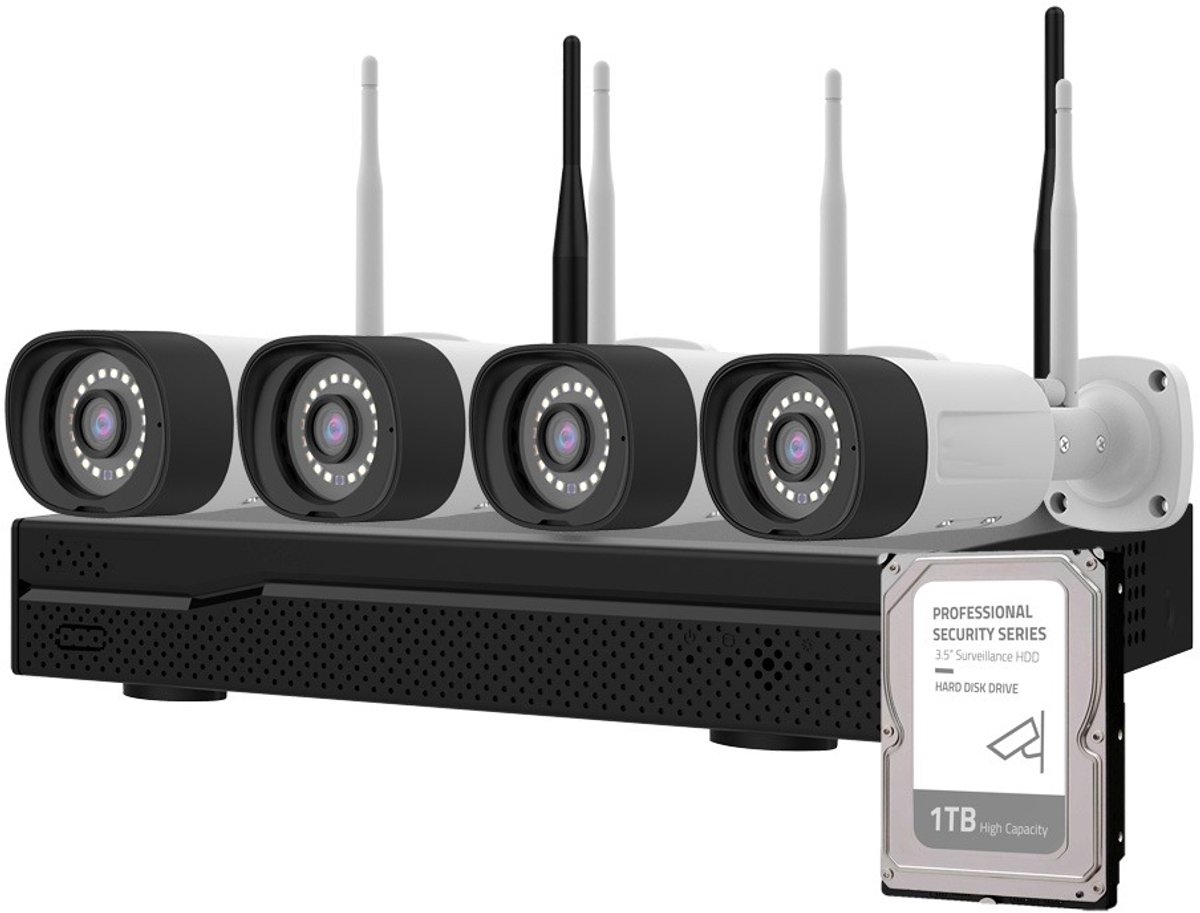 Set met 4 draadloze camera's eigen signaal 2 weg audio + 1TB