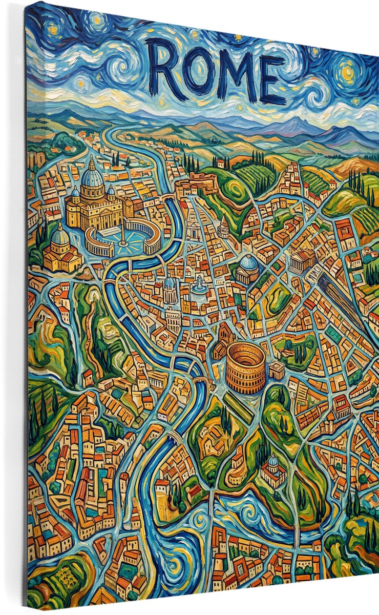 Stadsposter Rome wanddecoratie op canvas afmeting 75x100cm - stadskaart - plattegrond - schilderij stad - steden posters