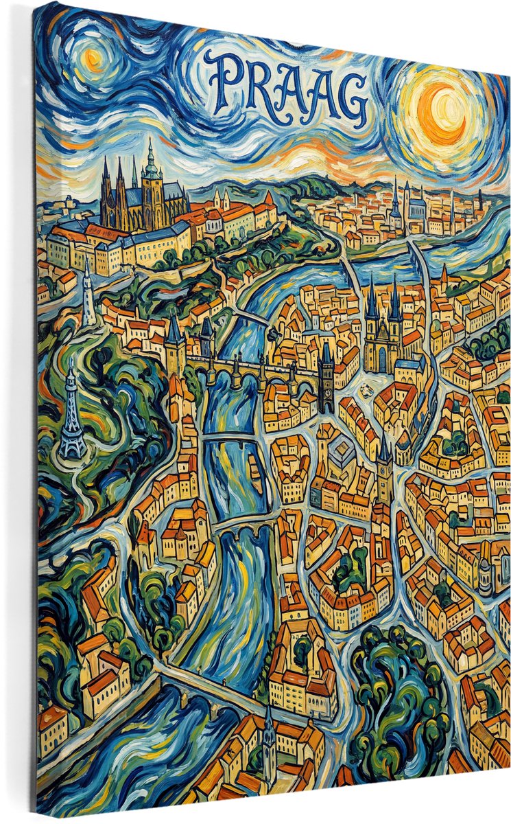 Stadsposter Praag wanddecoratie op canvas afmeting 75x100cm - stadskaart - plattegrond - schilderij stad - steden posters