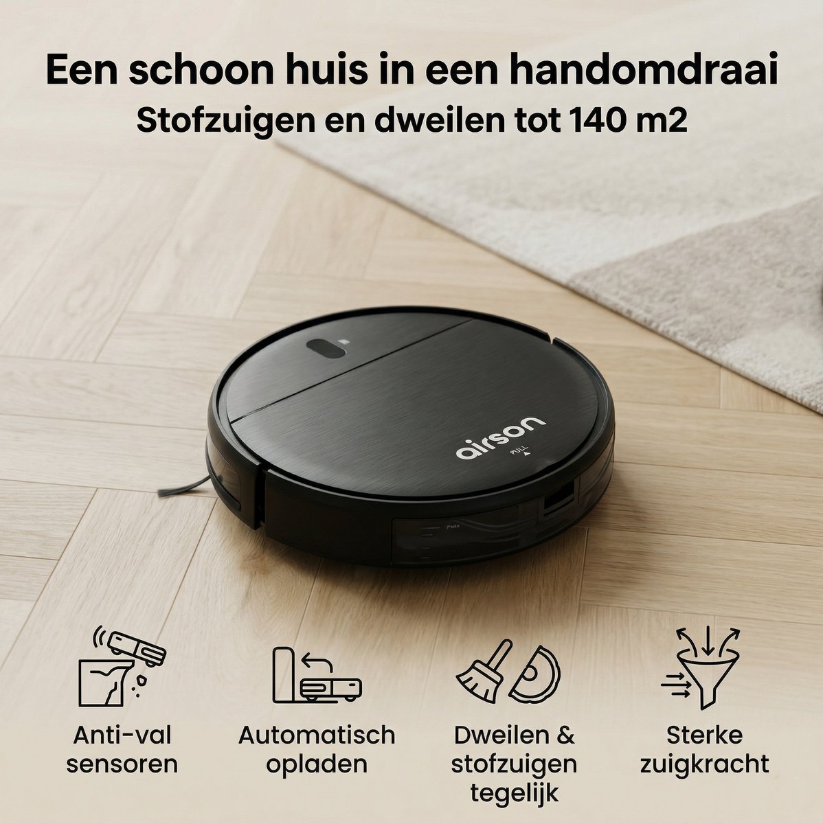 Robotstofzuiger met Dweilfunctie en Laadstation - Airson Pro Clean - Dweilrobot met App & Afstandsbediening - Geschikt voor Huisdieren en Tapijt — afbeelding 4