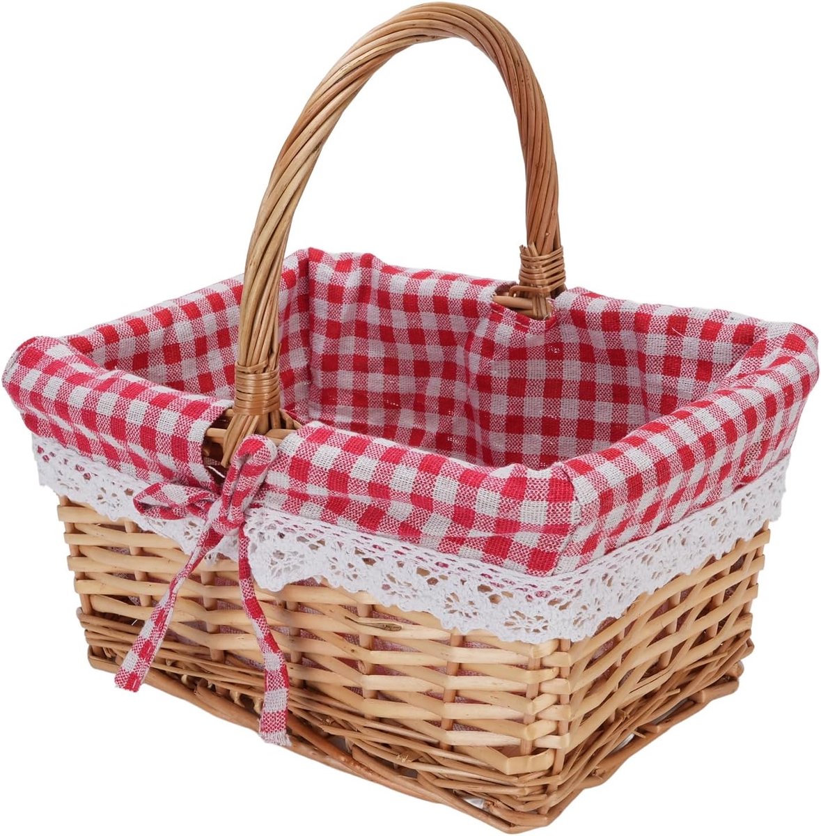 Picknickmand - Picknick Mandje - Boodschappenmand - Fruitmand - Winkelmand - Rieten Mand - Rode Plaid - 25 x 19 x 13 cm - van Imperatoris