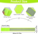 Diagram met productafmetingen, inclusief klittenband, elastische stof en reflecterende textuur.