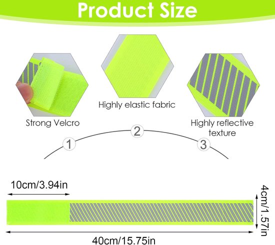 Diagram met productafmetingen, inclusief klittenband, elastische stof en reflecterende textuur.