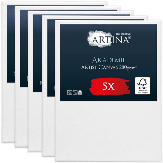 Set van 5 Artina Akademie schilderdoeken, 30x40 cm, wit canvas, 280 g/m², FSC hout