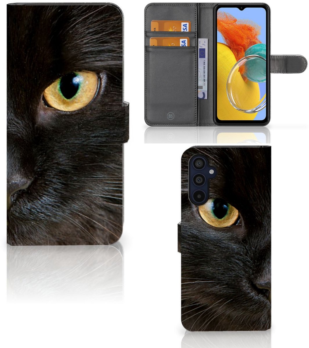 Book Case voor Samsung Galaxy M14 Telefoonhoesje met Pasjes Zwarte Kat