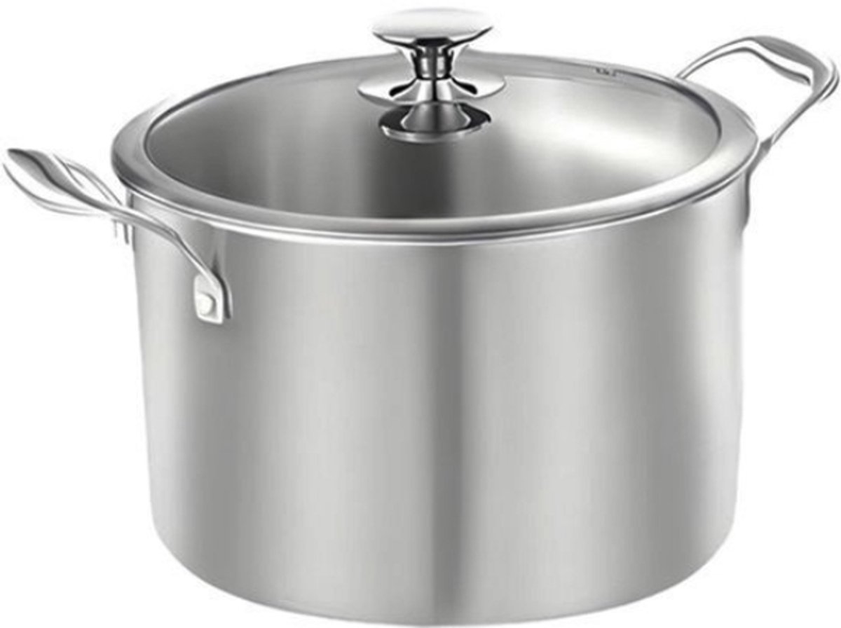 RVS Soeppan met Glazen Deksel - Ø 26 cm - 4.5 Liter - Geschikt voor Inductie & Gas - Hoge Kookpan - Zilver - PFAS-vrij - Grote Roestvrij Stalen Bouillonpan & Stamppotpan - Vaatwasserbestendig