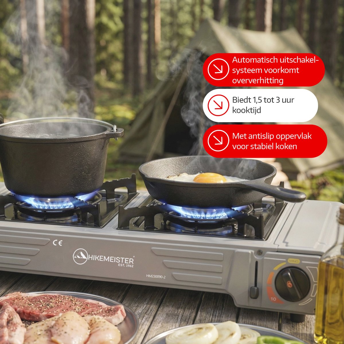 Hikemeister® Dubbel Camping Kooktoestel 2 Pits – 2x 2.2 kW – Inclusief 12 Gasbussen & Grillplaat – Draagbaar Gasstel – Butaangas Kookplaat – Campingkooktoestel - Met Koffer – Grijs — cadeau in Sport & Outdoor - foto 7