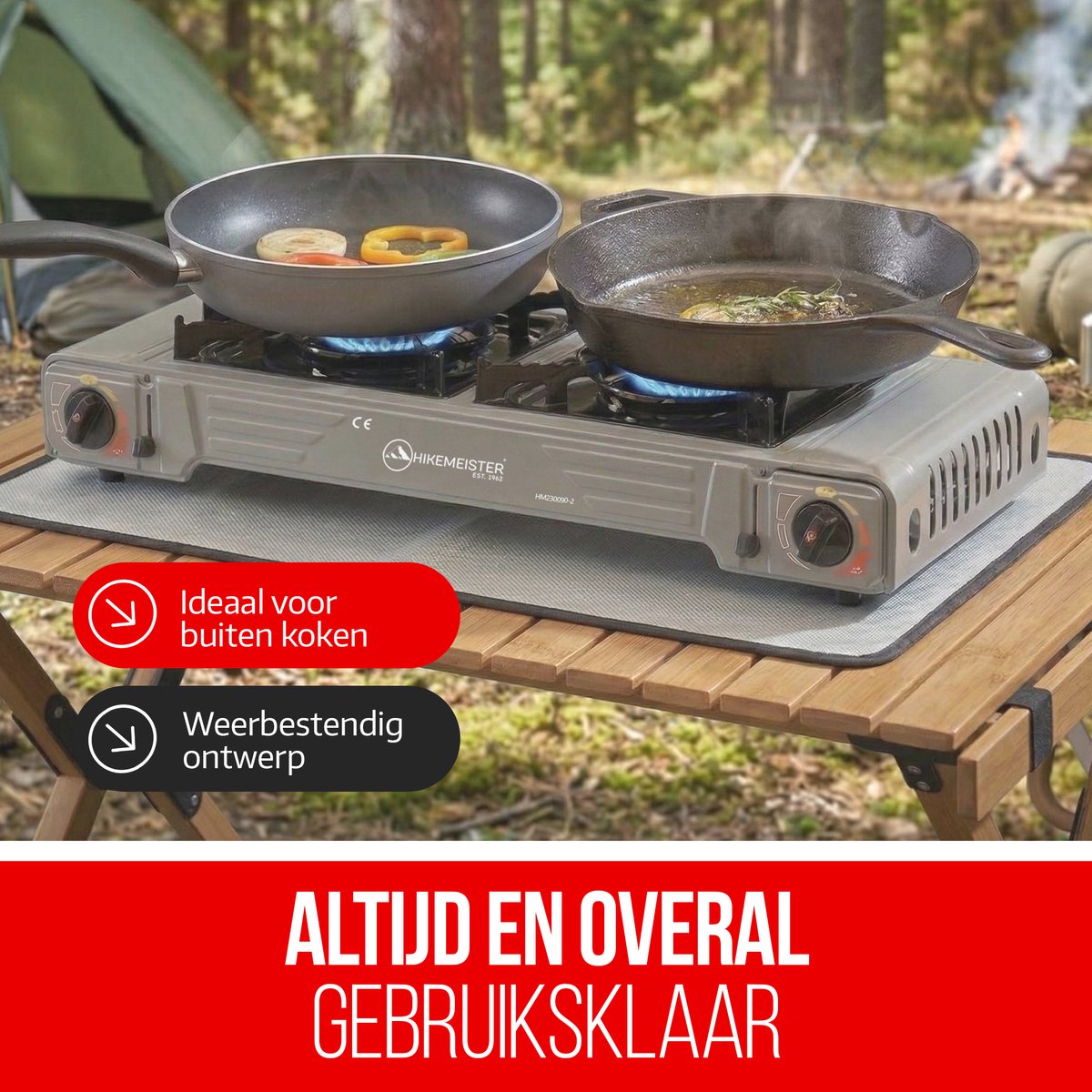 Hikemeister® Dubbel Camping Kooktoestel 2 Pits – 2x 2.2 kW – Inclusief 12 Gasbussen & Grillplaat – Draagbaar Gasstel – Butaangas Kookplaat – Campingkooktoestel - Met Koffer – Grijs — cadeau in Sport & Outdoor - foto 5