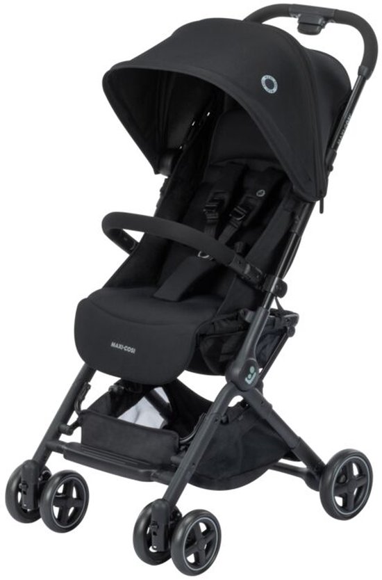Zwarte Maxi-Cosi Lara2 buggy, met zonnekap en veiligheidsharnas.