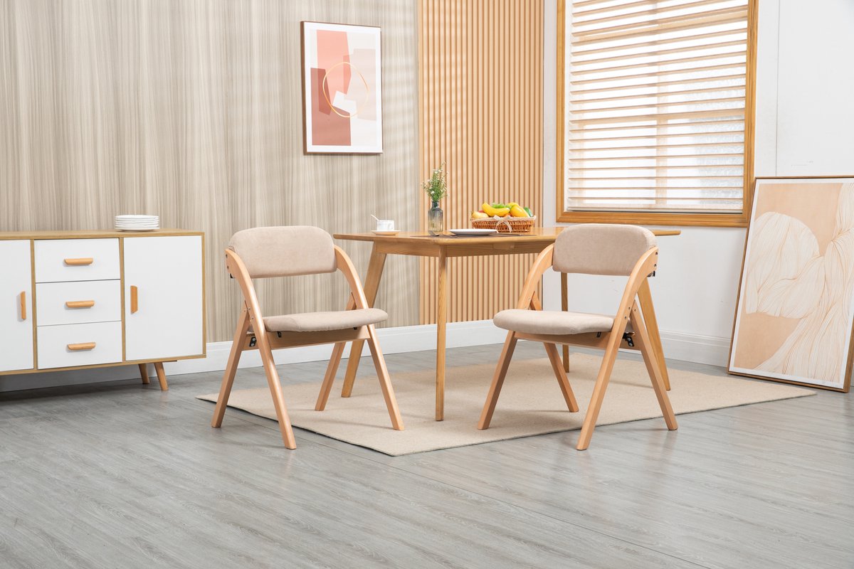 Wishdor Klapstoelen Set Van 2 - Gevoerde Zitting En Afneembare Hoes - Voor Eetkamer En Extra Zitplaatsen - Houten Ontwerp - Massief Hout En Linnen - Khaki - Zitdiepte 46 Cm Zithoogte 45 Cm Kaki