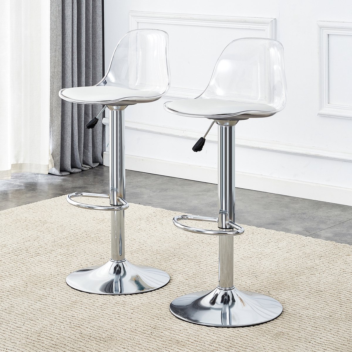 Wishdor Set Van 2 Barkrukken - Verstelbare Hoogte En 360 Graden Draaibaar - Minimalistisch Ontwerp Voor Bar Of Keukeneiland - Metaal En Kunststof - Wit En Zilver - 82-104 Cm - Voet 40,5 Cm Wit + Zilver