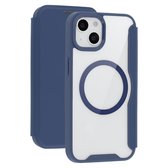 Blauw telefoonhoesje met transparante achterkant en magneetring, deels opengeklapt.