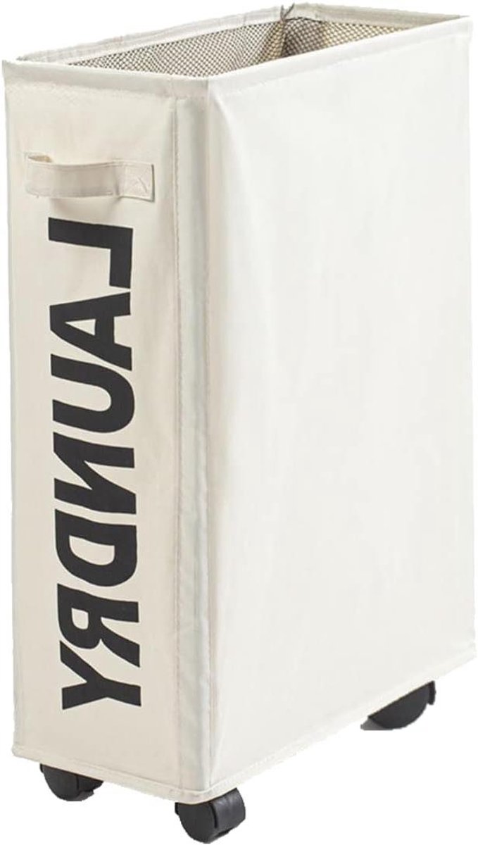 Wasmand met Wielen - Opbergmand Kledingmand - Kleding Sorteren - Smalle Vrijstaande Mand - 45 Liter - Beige