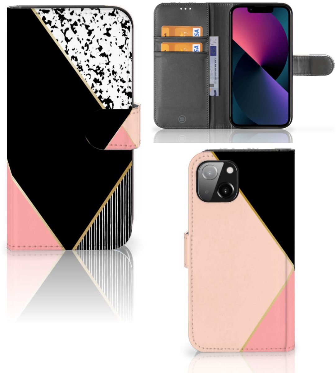 Book Case voor Apple iPhone 13 Book Case Zwart Roze Vormen
