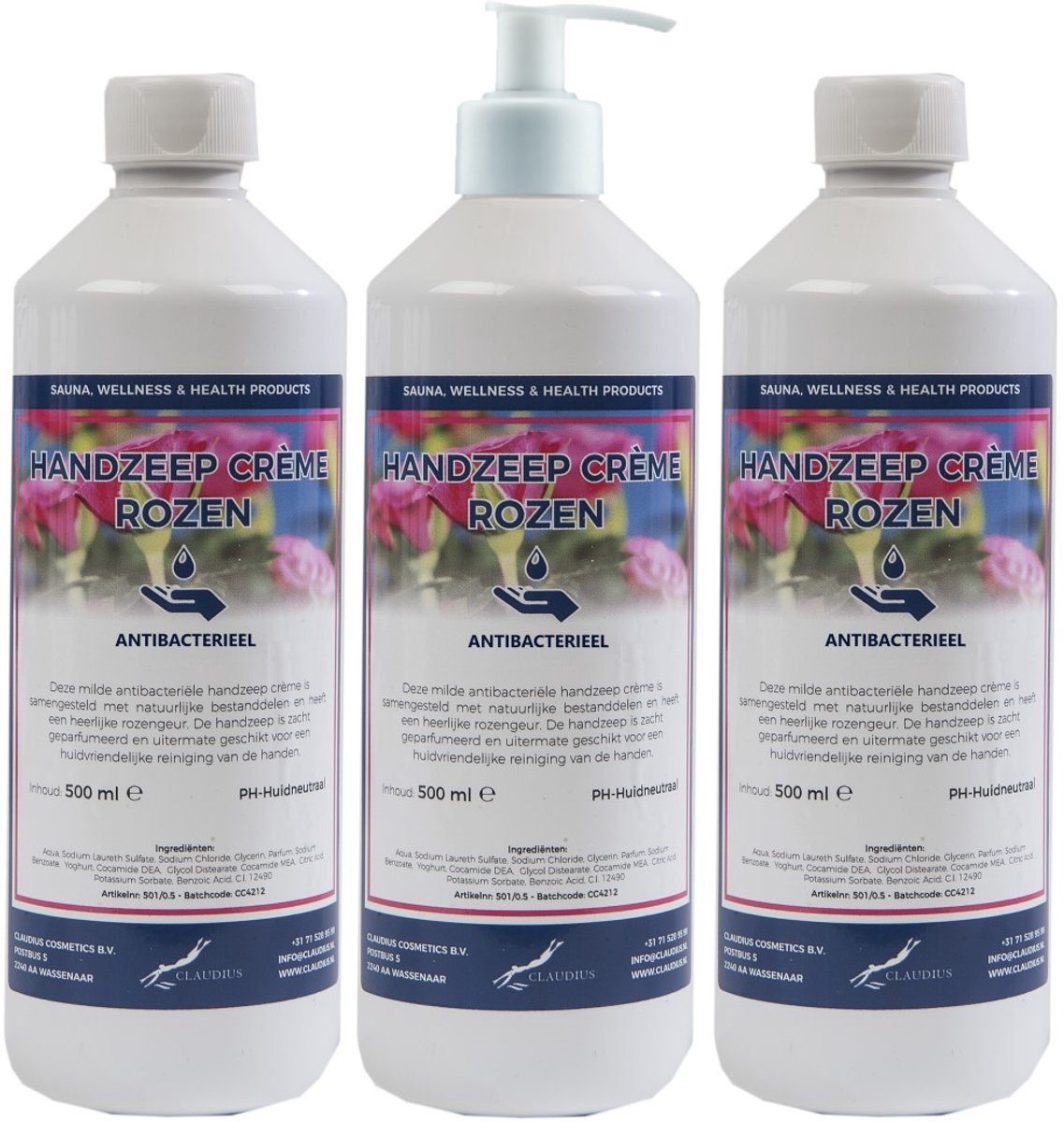 Handzeep Crème Rozen 500 ml - set van 3 stuks - met gratis pomp - Voordeelverpakking