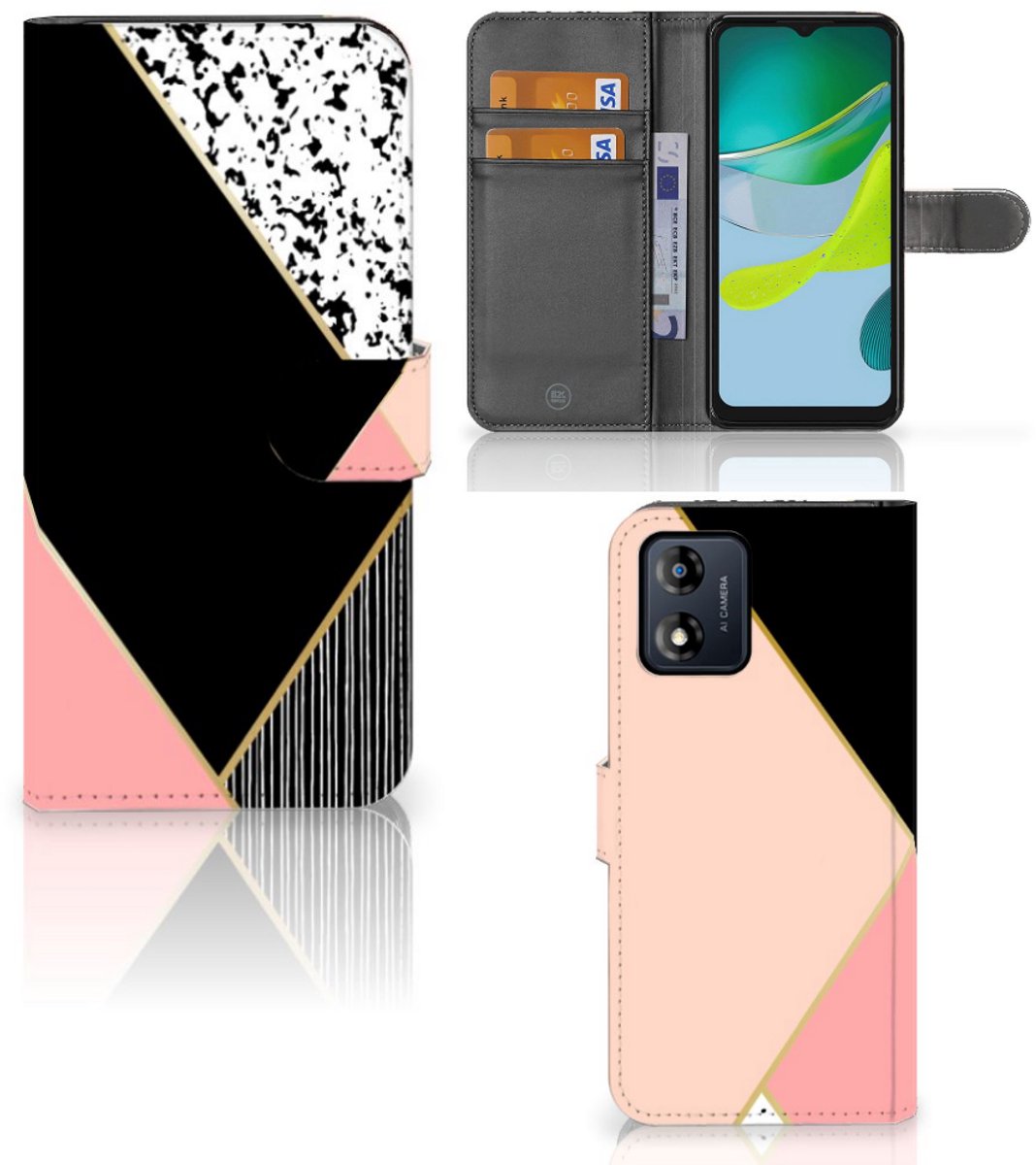 Motorola Moto E13 4G Book Case Zwart Roze Vormen