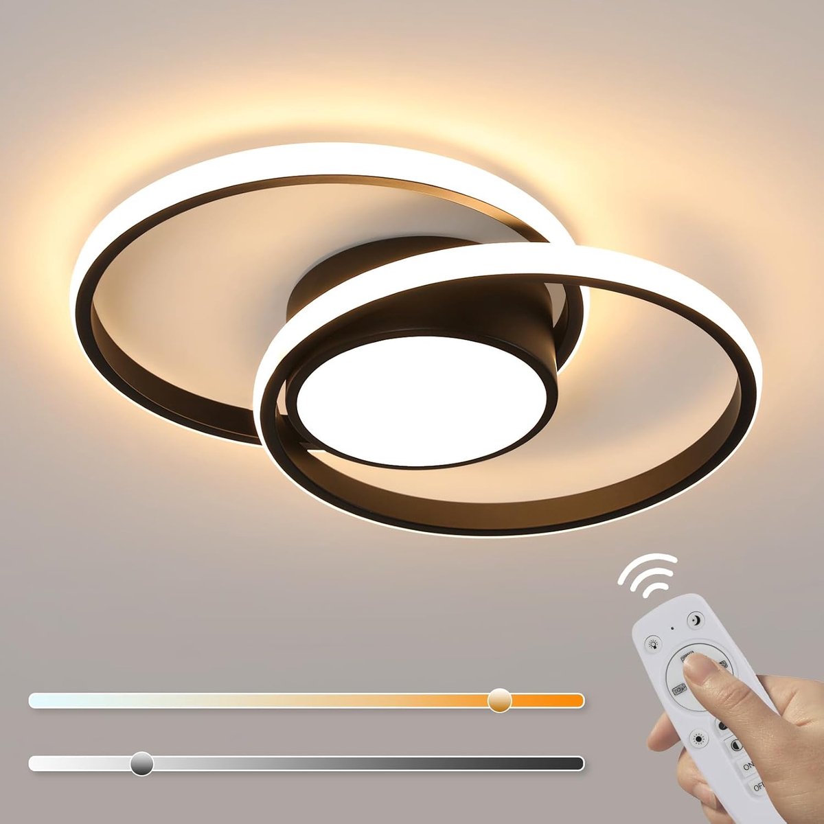 Haobosic - LED Aluminium Plafondlamp - Dubbel Rond Zwart - Dimbare + Afstandsbediening - 40W