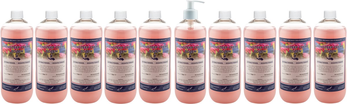Handzeep Crème Rozen 1 liter - set van 10 stuks - met gratis pomp - Voordeelverpakking