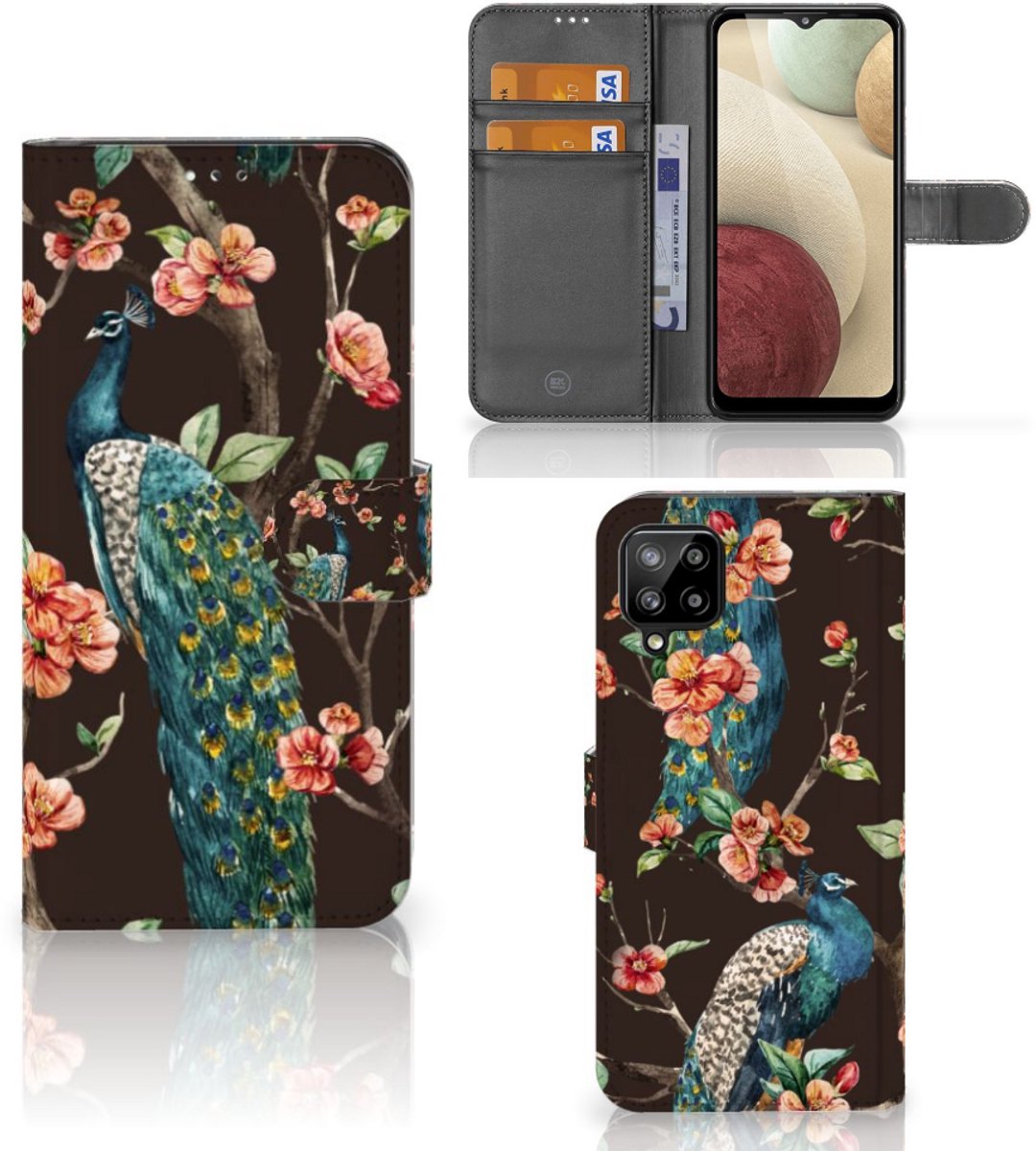 Samsung Galaxy A12 Telefoonhoesje met Pasjes Pauw met Bloemen
