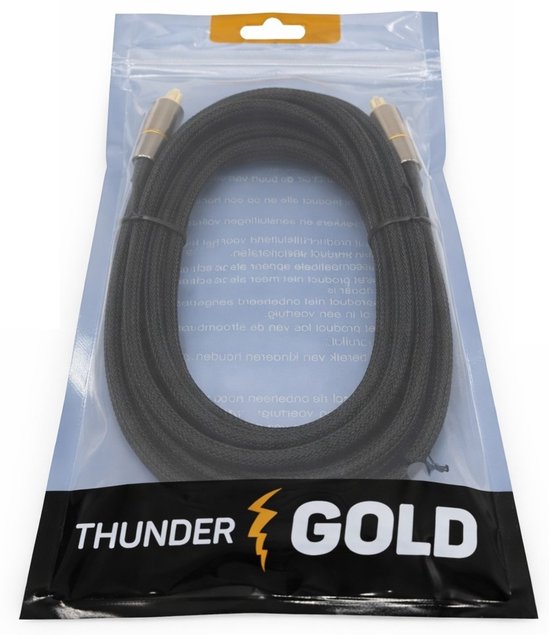 Zwarte optische kabel van Thunder Gold, opgerold in plastic verpakking met gele hanger.