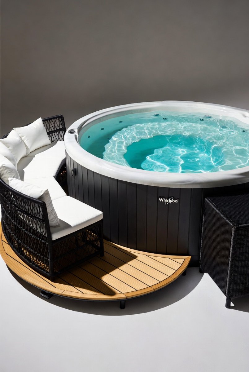 Opblaasbare Whirlpool Jacuzzi Bad met Acaciahouten Rand en Zwart PE Rattan Design – 1 Persoon – Premium Spa & Relaxatie ThuisLuxe MedaHomeStore