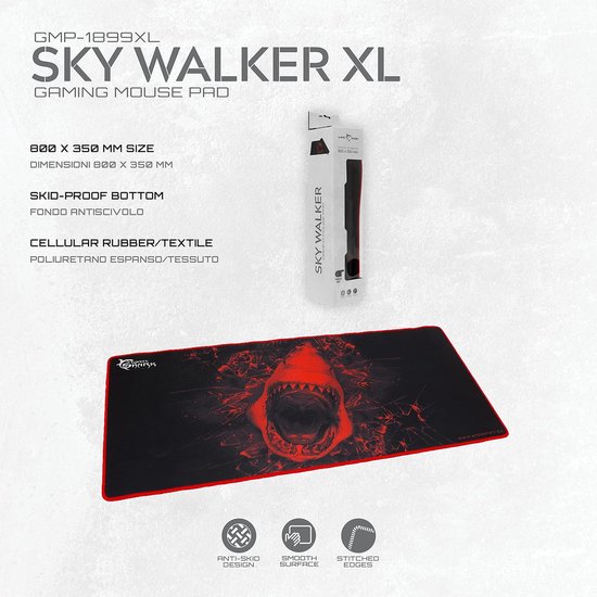 White Shark, Skywalker XL, gaming-muismat, gemaakt van rubber voor mobiele telefoon met anti-slip systeem, rood haai-design op zwarte ondergrond, afmetingen 800 x 350 mm van White Shark — afbeelding 3