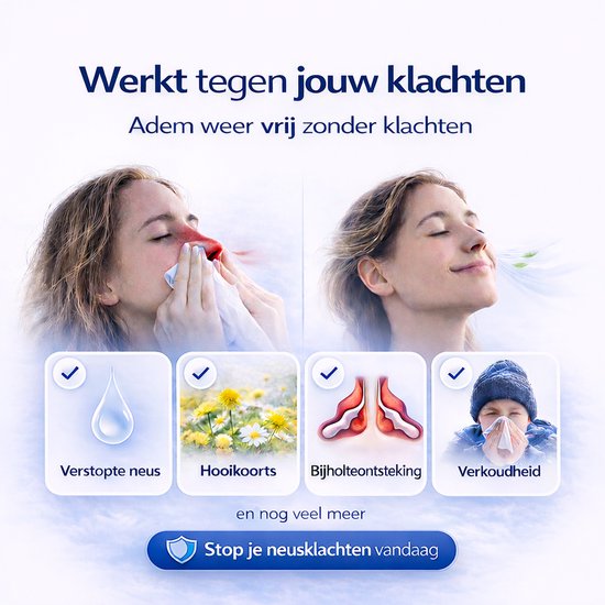 Werkt tegen je klachten. Adem weer vrij zonder klachten. Verstopte neus, hooikoorts, bijholteontsteking, verkoudheid.