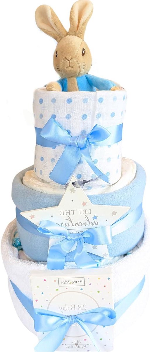 Luier Taart Baby Jongen - Kraamcadeau Baby - Geboorte Cadeau - 3 Lagen Met Knuffel