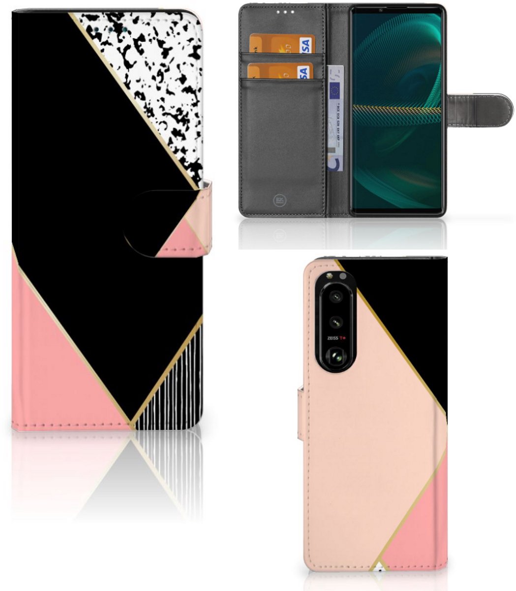 Sony Xperia 5III Book Case Zwart Roze Vormen
