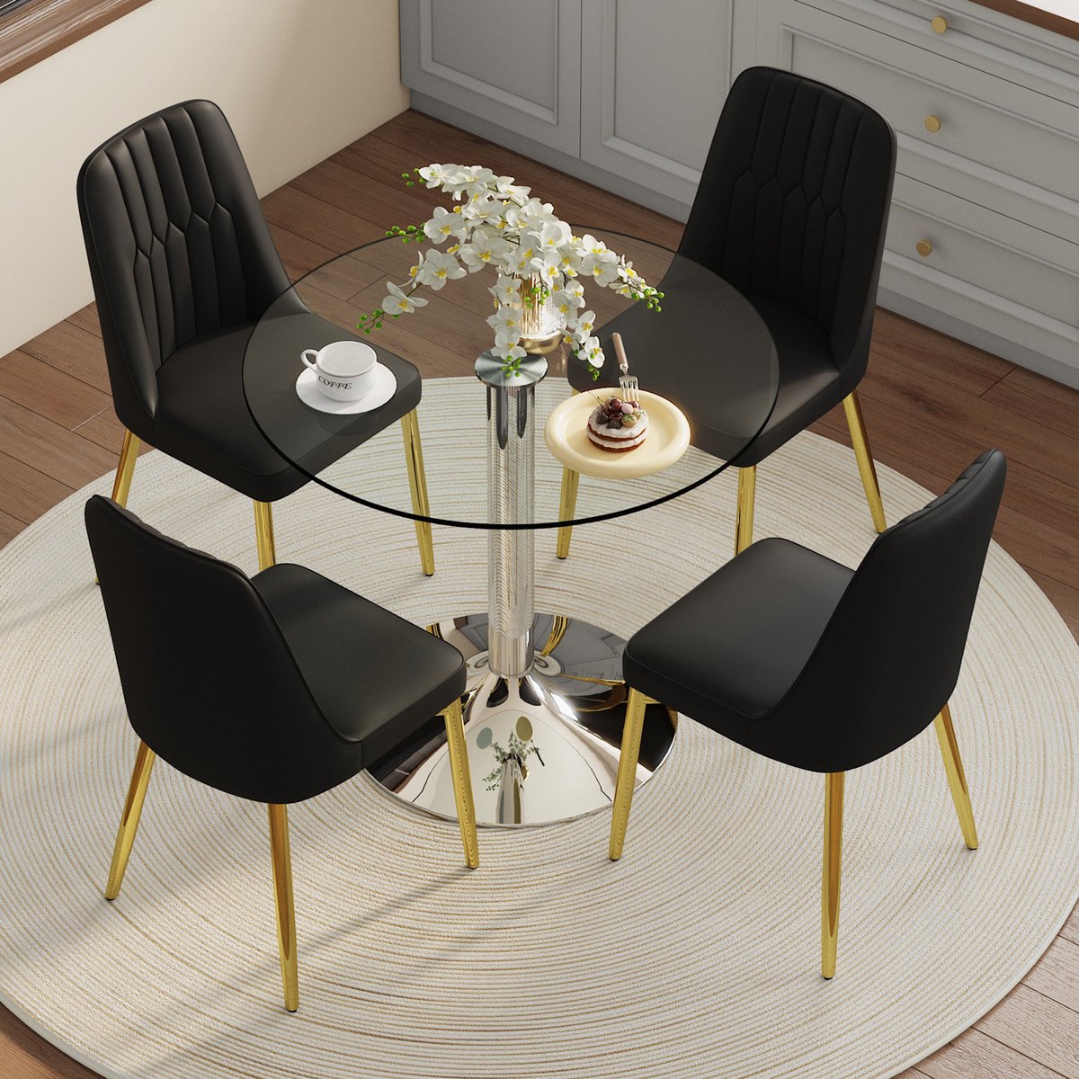 STILVORA Eettafelset 85 Cm - Ronde Glazen Tafel Met 4 Eetkamerstoelen - Voor Eetkamer En Keuken - Zwart Goud Zilver