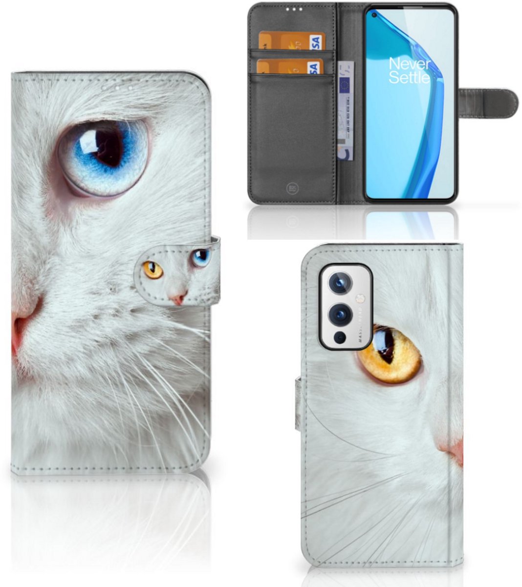 OnePlus 9 Telefoonhoesje met Pasjes Witte Kat
