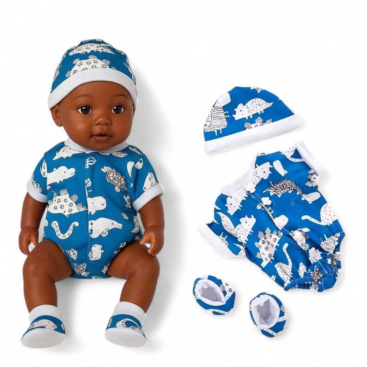 Poppenkleertjes voor babypop 43 cm - Romper met slofjes en muts - Dinosaurus - In cadeauzakje - Poppenkleding set geschikt voor o.a. Baby Born pop