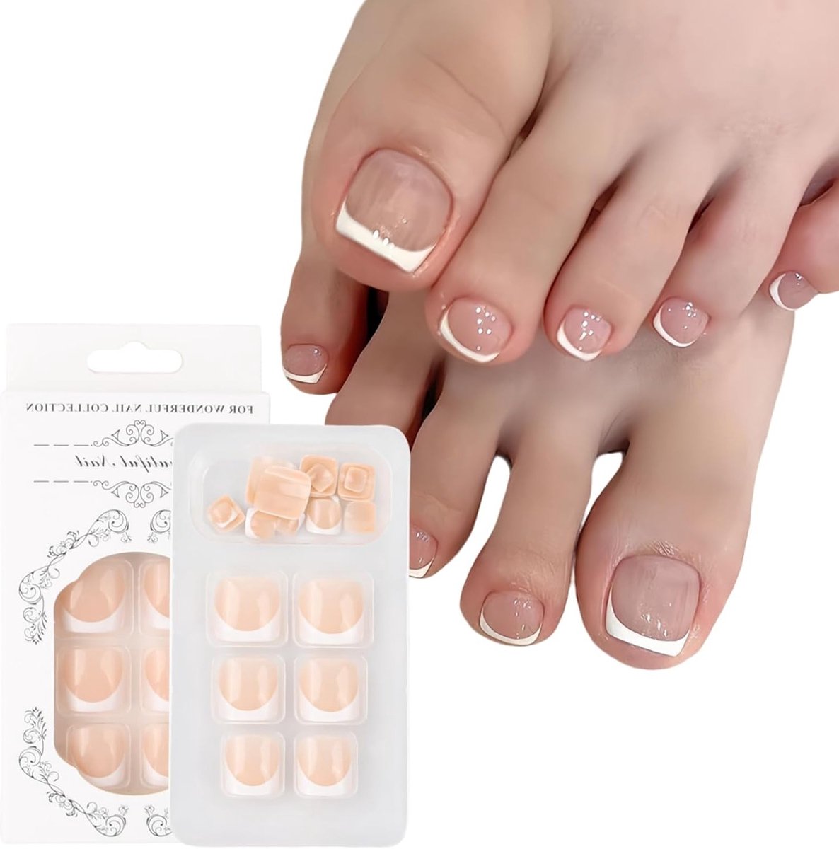 24-delige set valse teennagels in nude en wit, 12 maten, volledige dekking, plakkende kunstnagels met lijm, vierkante korte nagels voor dames en meisjes