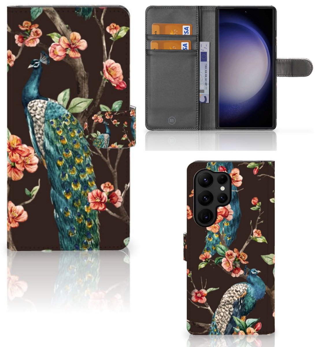 Samsung Galaxy S23 Ultra Telefoonhoesje met Pasjes Pauw met Bloemen