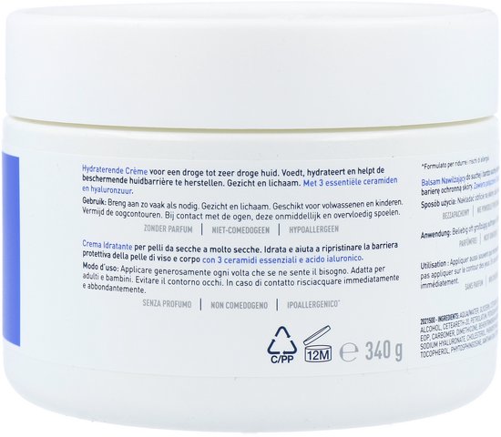 Witte crème pot met blauw label. Hydraterende crème, zonder parfum, hypoallergeen.