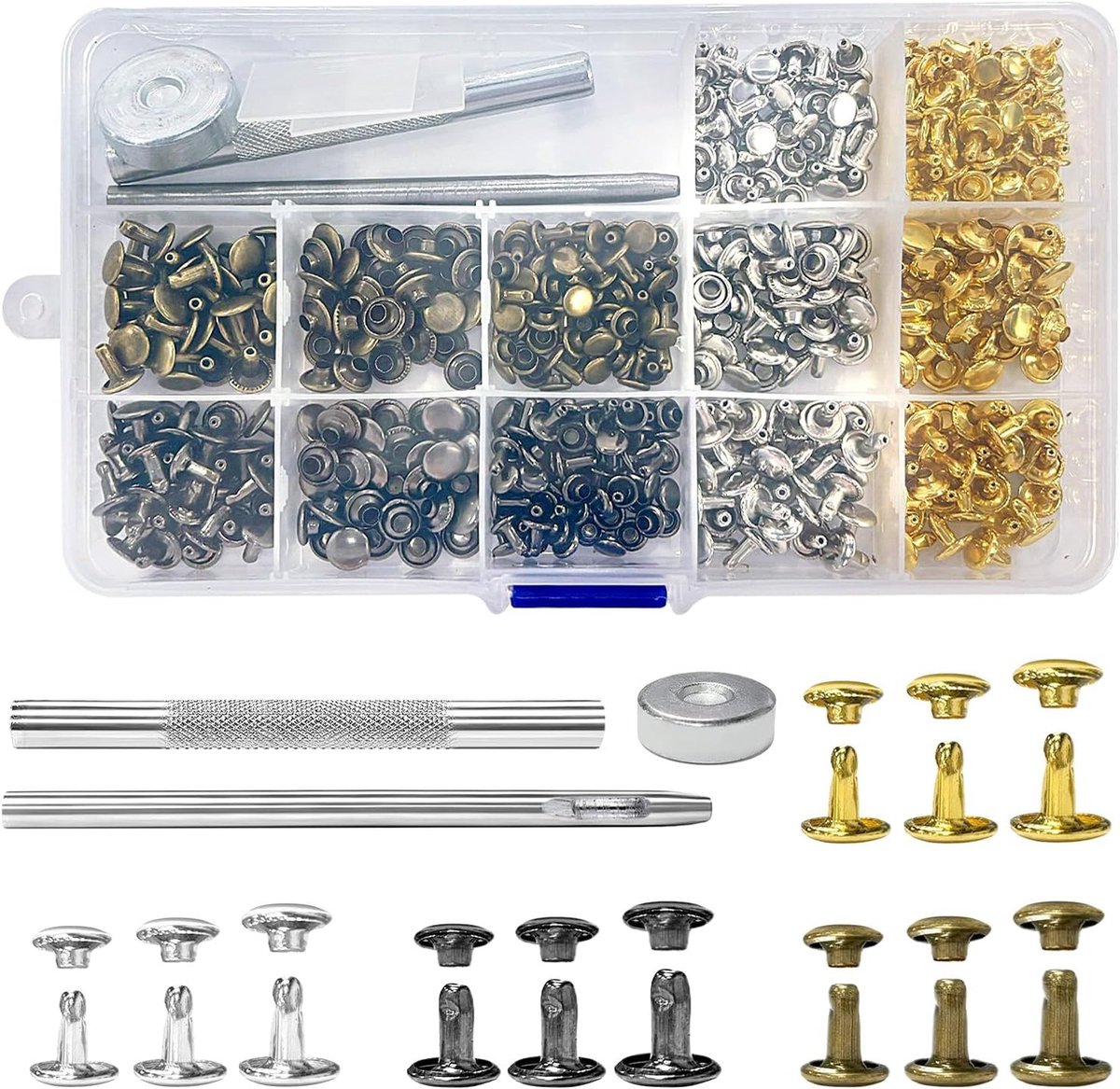 240-delige Rivet Set voor Leerbewerking met Pliers, 8mm en 6mm Nieten in 4 Kleuren voor DIY Projecten, Schoenen, Tassen en Jeans