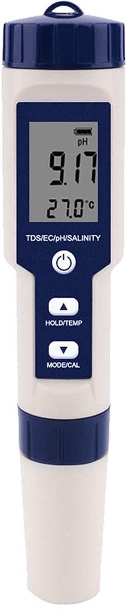 Cosensi - Water Quality Tester - Digitale Waterkwaliteit Tester - 5-in-1 Met Backlight - Ideaal Voor Aquariums - PH, EC, Temperatuur, Saliniteit