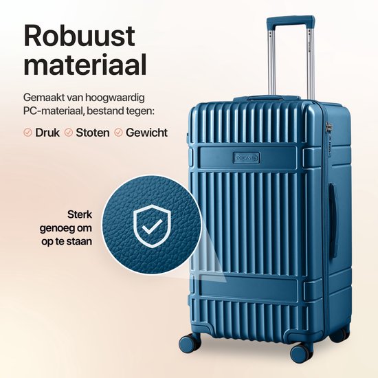 Blauwe koffer van robuust PC-materiaal, bestand tegen druk, stoten en gewicht.