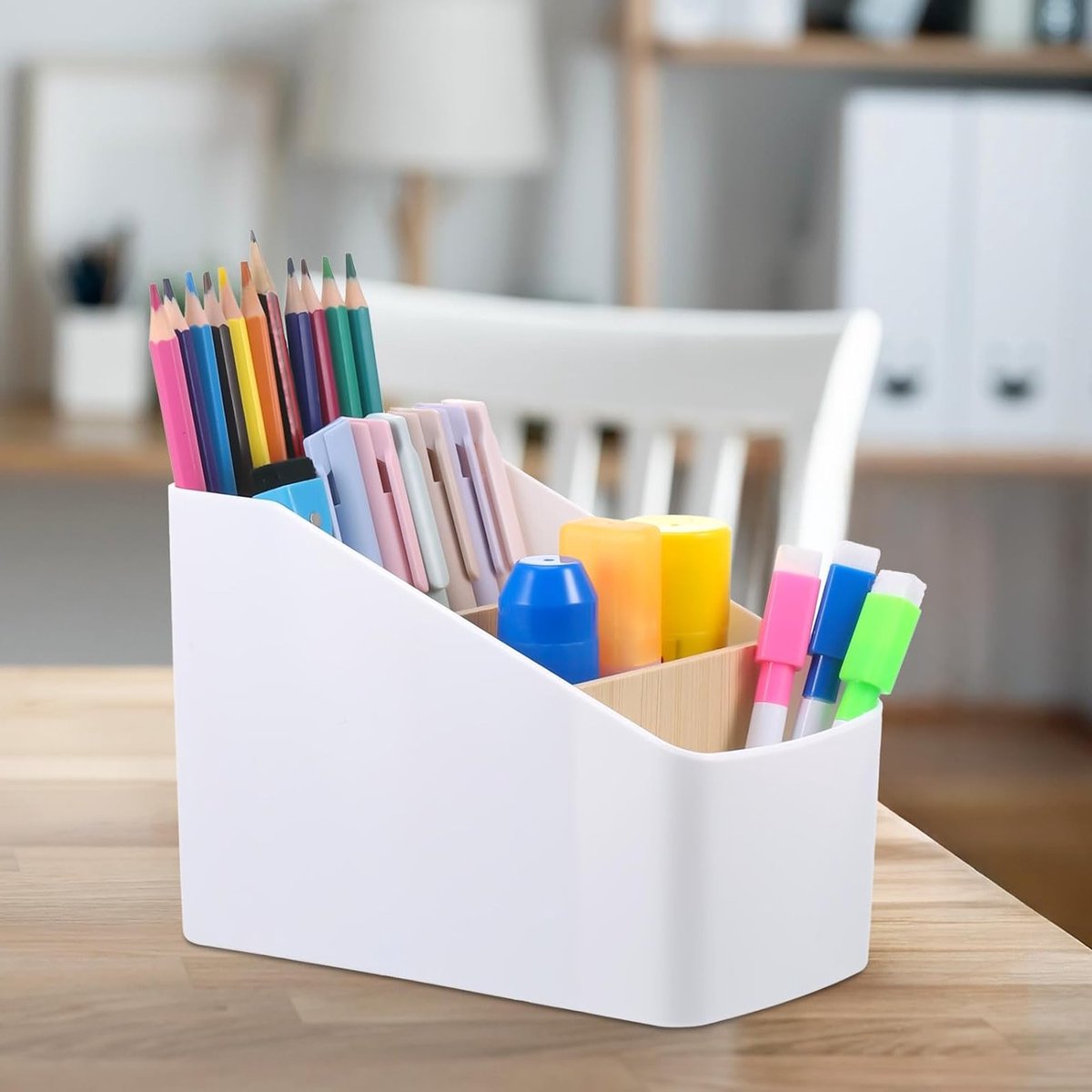 Houten Bureau Organizer met 4 Compartimenten, Multifunctionele Opbergruimte voor Pennen, Notities en Brillen