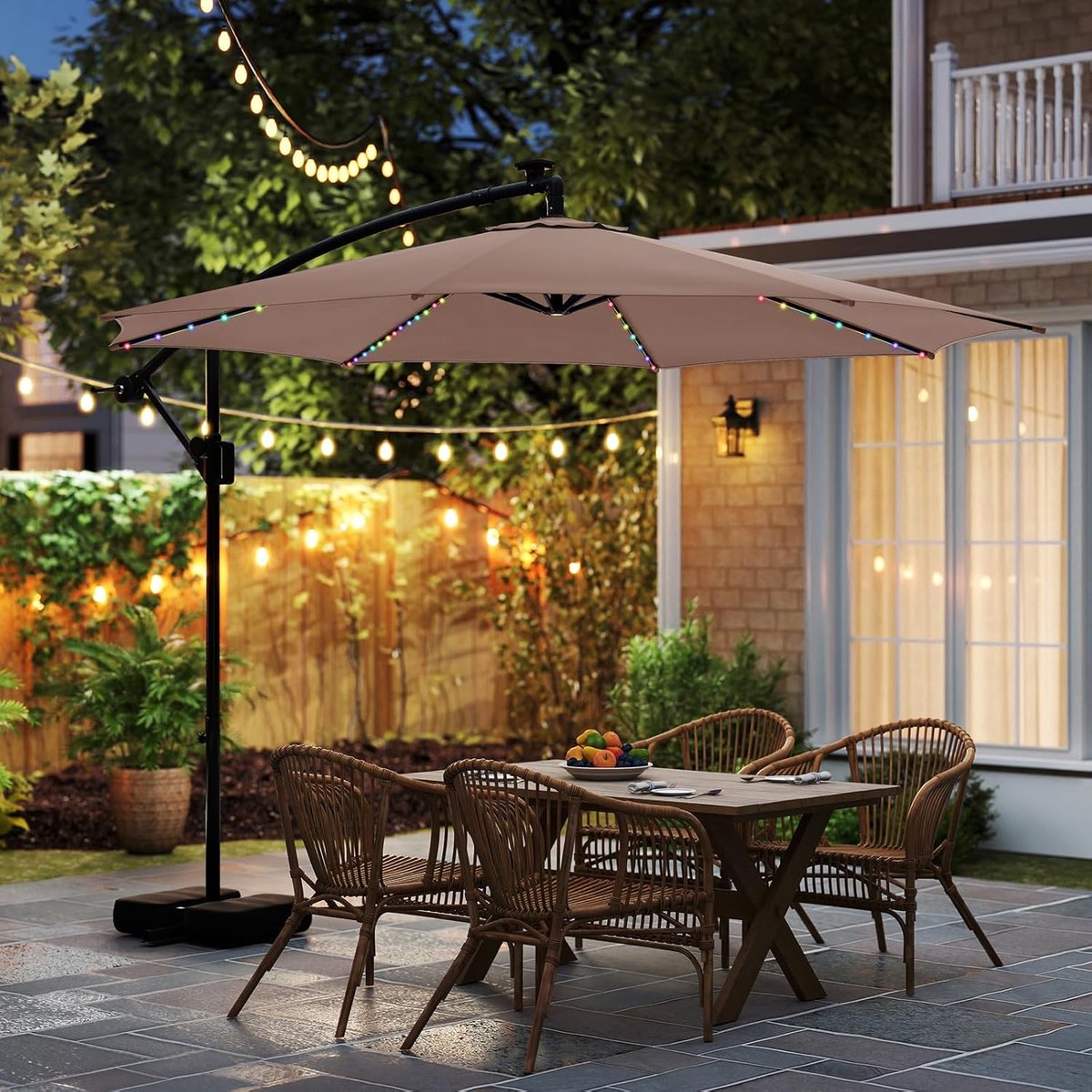Zweefparasol 300 cm met LED Verlichting & Standaard – 360° Draaibaar, Kantelbaar, Solar Verlichting (9 Modi), Grote Tuinparasol Ø300 x 260 cm Bruin – Nicolehome