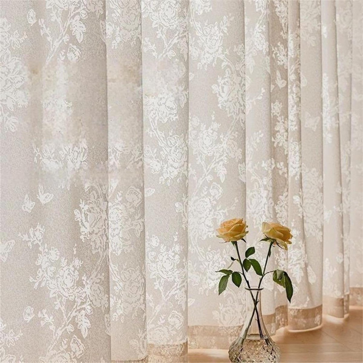 Jacquard Vitrage Gordijn - Bistro Gordijn Kant - Woonkamer Aankleden - Vlinderbloemenpatroon - 160 x 80 cm - Zandkleurig