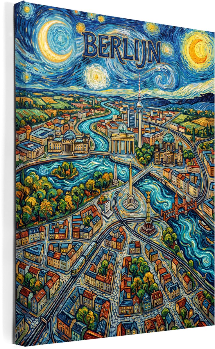 Stadsposter Berlijn wanddecoratie op canvas afmeting 75x100cm - stadskaart - plattegrond - schilderij stad - steden posters