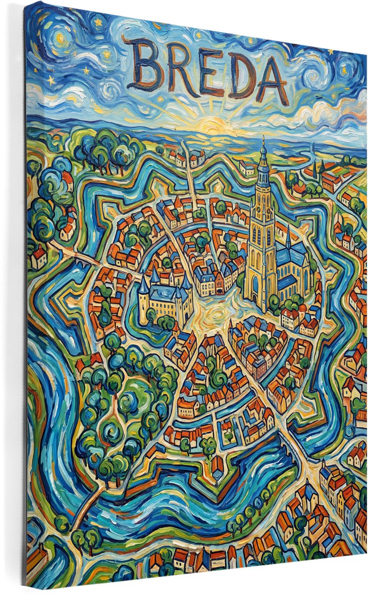 Stadsposter Breda wanddecoratie op canvas afmeting 75x100cm - stadskaart - plattegrond - schilderij stad - steden posters