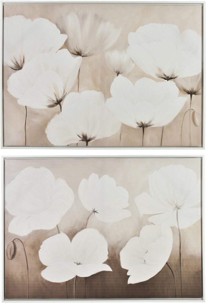 INGA Serie - Set van 2 Schilderijen - Bloemen op Grijze Achtergrond - 50x70cm - Elegante Witte Lijsten